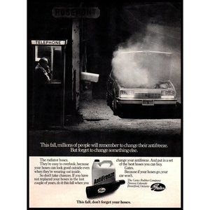 1985 Gates Car Parts Radiator Overheat Vintage Print Ad Telephone Booth Wall Art